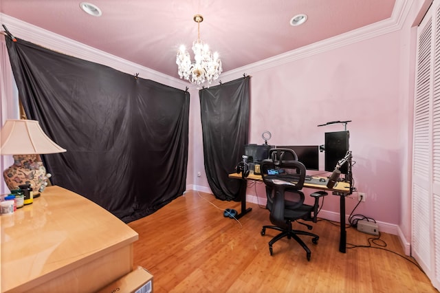 6935 Pioneer Rd, West Palm Beach, FL 33413 - home office with a chandelier, crown molding, wood finished floors, and recessed lighting