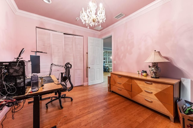6935 Pioneer Rd, West Palm Beach, FL 33413 - office featuring a chandelier, ornamental molding, and light wood finished floors