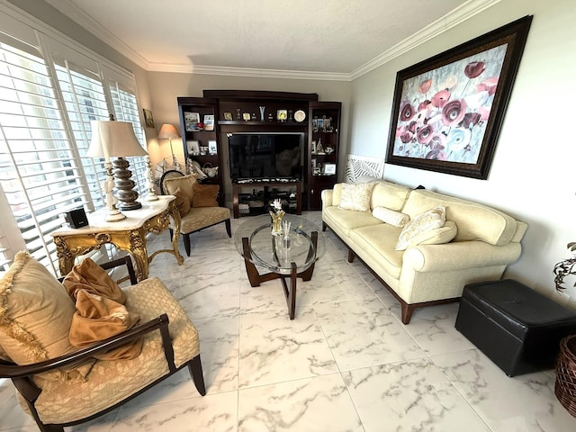 2425 Presidential Way Unit 1804, West Palm Beach, FL 33401 - living room featuring ornamental molding and marble finish floors