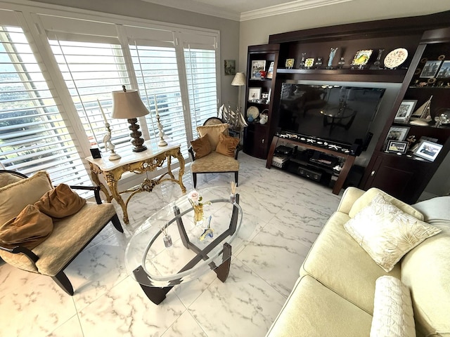 2425 Presidential Way Unit 1804, West Palm Beach, FL 33401 - living area with marble look tile flooring and ornamental molding