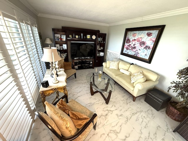 2425 Presidential Way Unit 1804, West Palm Beach, FL 33401 - living area featuring ornamental molding and marble look tile flooring