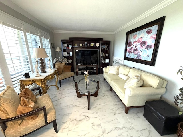 2425 Presidential Way Unit 1804, West Palm Beach, FL 33401 - living area with ornamental molding and marble look tile flooring
