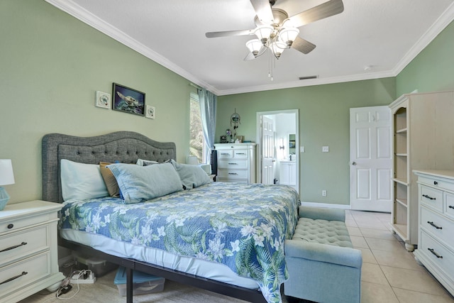 782 NW 16th Pl, Pompano Beach, FL 33060 - bedroom featuring crown molding, light tile patterned flooring, ceiling fan, and ensuite bathroom