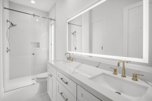 4689 Hammock Cir, Delray Beach, FL 33445 - bathroom with toilet, a shower stall, double vanity, and recessed lighting