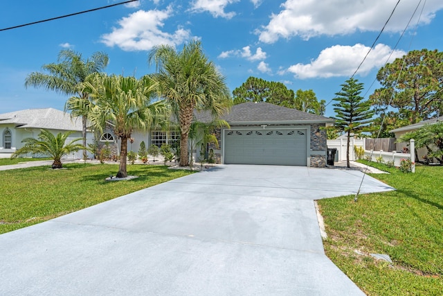 2471 SE Leithgow St, Port Saint Lucie, FL 34952 - ranch-style home with an attached garage, concrete driveway, stone siding, and roof with shingles