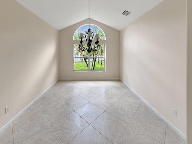 7725 Royale River Ln, Lake Worth, FL 33467 - empty room with lofted ceiling, a chandelier, light tile patterned flooring, and baseboards