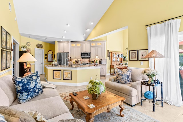 5986 Vista Linda Ln, Boca Raton, FL 33433 - living room featuring high vaulted ceiling, recessed lighting, and light tile patterned flooring