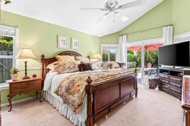 5986 Vista Linda Ln, Boca Raton, FL 33433 - bedroom featuring light colored carpet, access to outside, lofted ceiling, ceiling fan, and a textured ceiling