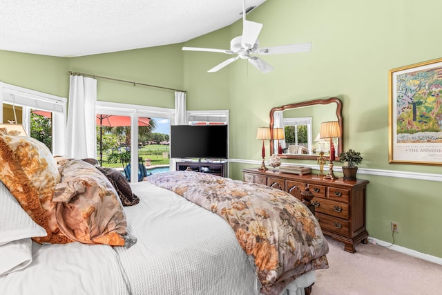 5986 Vista Linda Ln, Boca Raton, FL 33433 - bedroom featuring high vaulted ceiling, carpet, baseboards, access to exterior, and ceiling fan