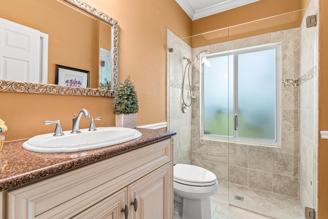 5986 Vista Linda Ln, Boca Raton, FL 33433 - full bathroom with a stall shower, ornamental molding, vanity, toilet, and tile patterned floors