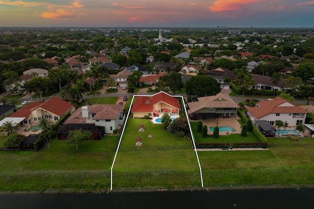 5986 Vista Linda Ln, Boca Raton, FL 33433 - aerial view at dusk of view of pool, property parcel outlined, and a residential view
