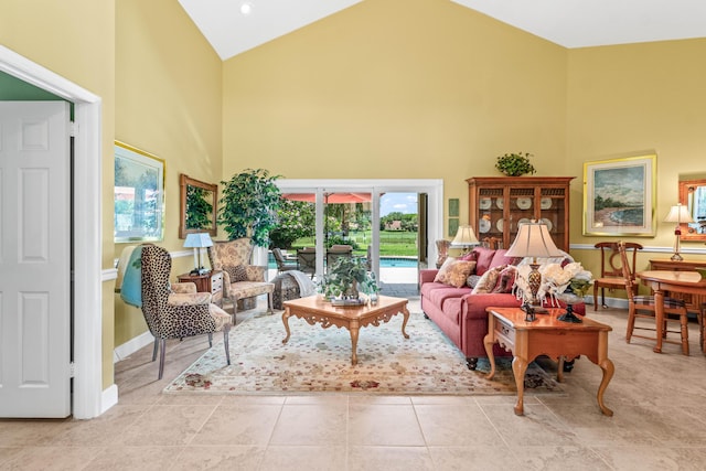 5986 Vista Linda Ln, Boca Raton, FL 33433 - living room featuring high vaulted ceiling, light tile patterned flooring, and baseboards