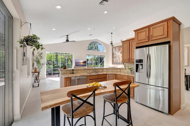 6690 Remington Pl, Lake Worth, FL 33463 - kitchen featuring appliances with stainless steel finishes, a peninsula, lofted ceiling, recessed lighting, and backsplash
