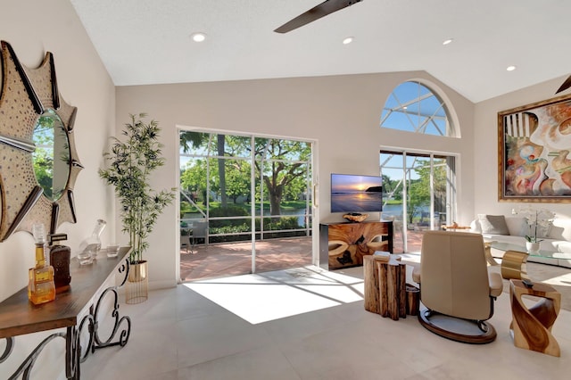 6690 Remington Pl, Lake Worth, FL 33463 - living area with ceiling fan, high vaulted ceiling, and recessed lighting
