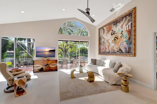 6690 Remington Pl, Lake Worth, FL 33463 - living room with ceiling fan, high vaulted ceiling, and recessed lighting