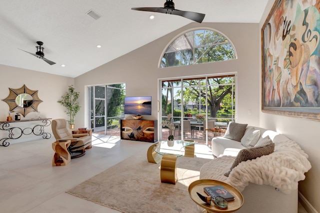 6690 Remington Pl, Lake Worth, FL 33463 - living room featuring ceiling fan, recessed lighting, and high vaulted ceiling