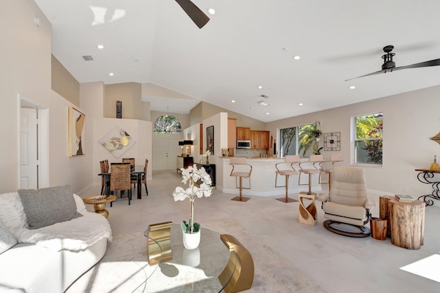 6690 Remington Pl, Lake Worth, FL 33463 - living room with ceiling fan, lofted ceiling, and recessed lighting