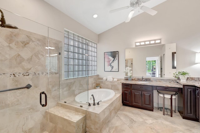 6690 Remington Pl, Lake Worth, FL 33463 - full bathroom featuring vanity, a bath, a stall shower, high vaulted ceiling, and ceiling fan