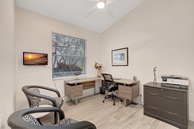 6690 Remington Pl, Lake Worth, FL 33463 - home office featuring a ceiling fan, light wood-style floors, lofted ceiling, and baseboards