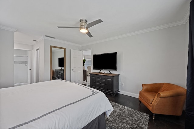 14244 Horseshoe Trce, Wellington, FL 33414 - bedroom featuring ornamental molding, baseboards, dark wood-style floors, and ceiling fan