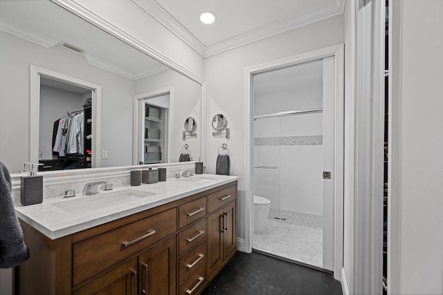 14244 Horseshoe Trce, Wellington, FL 33414 - full bath featuring a stall shower, double vanity, a walk in closet, ornamental molding, and toilet