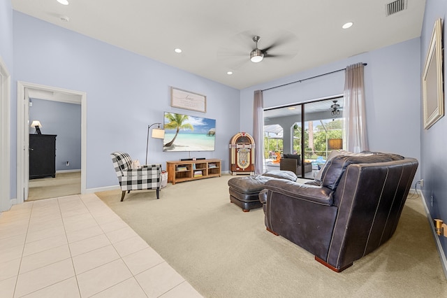 756 SW Pelican Cv, Port Saint Lucie, FL 34986 - living room with carpet flooring, a ceiling fan, tile patterned floors, recessed lighting, and baseboards