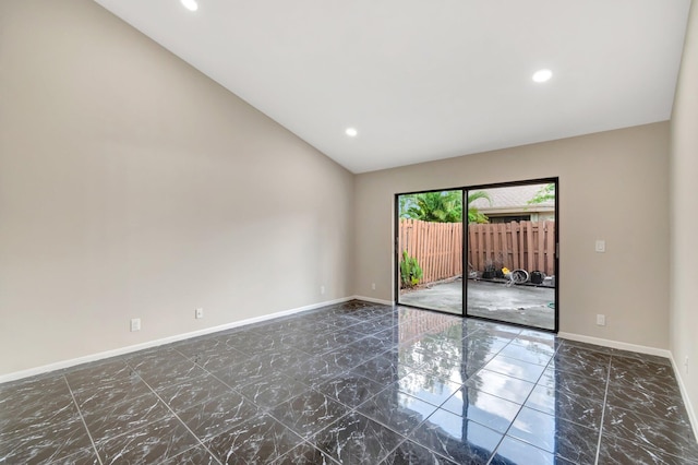 82 Baytree Cir, Boynton Beach, FL 33436 - unfurnished room featuring dark marble finish floors, vaulted ceiling, recessed lighting, and baseboards