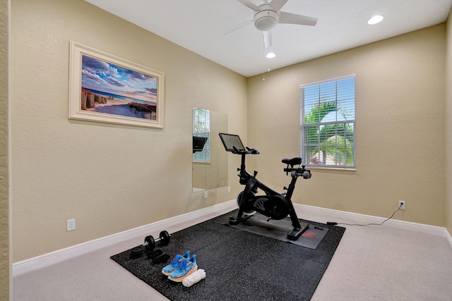 5030 Dulce Ct, Palm Beach Gardens, FL 33418 - exercise area featuring a ceiling fan, carpet flooring, baseboards, and recessed lighting