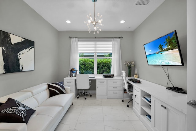 11454 SW Hawkins Ter, Port Saint Lucie, FL 34987 - office area featuring light marble finish floors, a chandelier, and recessed lighting