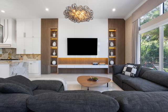 17725 Circle Pond Ct, Boca Raton, FL 33496 - living area featuring a chandelier, ornamental molding, and recessed lighting