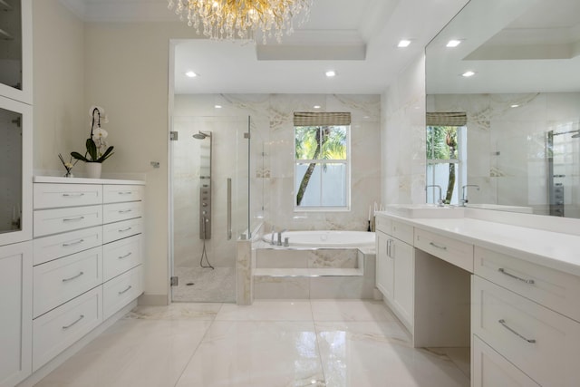17725 Circle Pond Ct, Boca Raton, FL 33496 - full bathroom featuring a bath, a marble finish shower, vanity, marble tiled floors, and crown molding