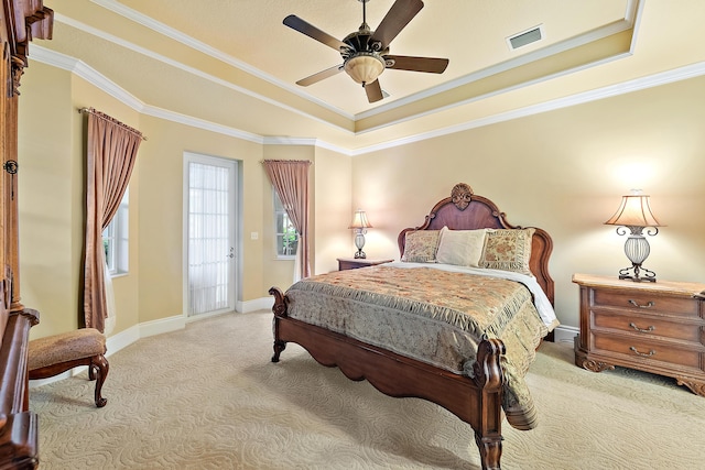 18974 SE Jupiter River Dr, Jupiter, FL 33458 - bedroom with carpet flooring, a raised ceiling, ornamental molding, baseboards, and a ceiling fan