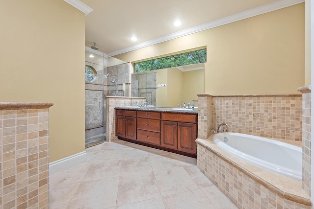 18974 SE Jupiter River Dr, Jupiter, FL 33458 - full bathroom with double vanity, a shower stall, a bath, ornamental molding, and tile patterned flooring