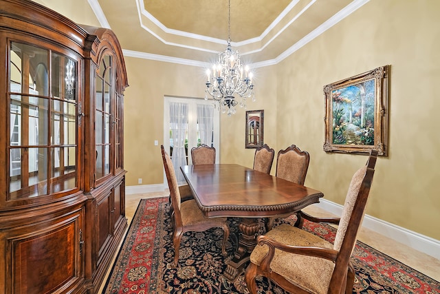 18974 SE Jupiter River Dr, Jupiter, FL 33458 - dining space with french doors, a raised ceiling, a chandelier, baseboards, and ornamental molding