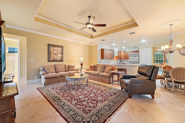 18974 SE Jupiter River Dr, Jupiter, FL 33458 - living room with a raised ceiling, a chandelier, ornamental molding, a ceiling fan, and light tile patterned flooring