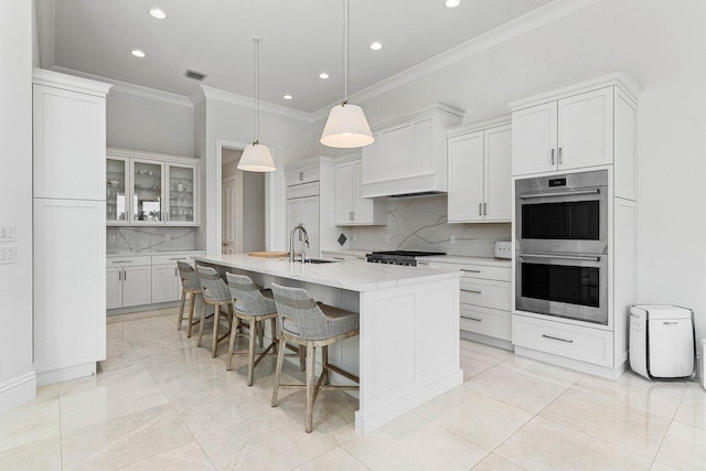 206 Via Emilia, Palm Beach Gardens, FL 33418 - kitchen featuring ornamental molding, stainless steel appliances, a sink, recessed lighting, and backsplash