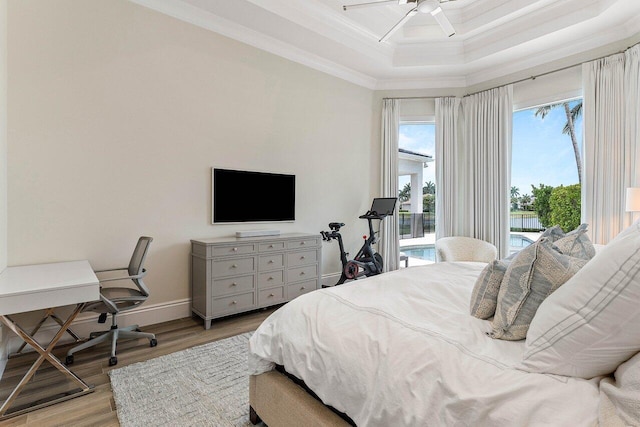 206 Via Emilia, Palm Beach Gardens, FL 33418 - bedroom featuring ornamental molding, light wood-style floors, access to outside, coffered ceiling, and baseboards