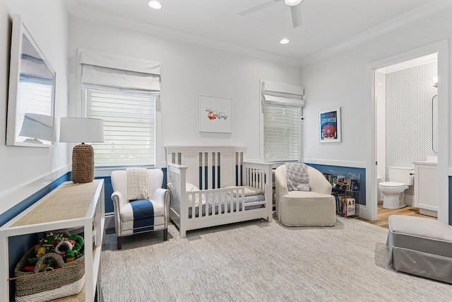 206 Via Emilia, Palm Beach Gardens, FL 33418 - bedroom featuring ornamental molding, a crib, recessed lighting, wood finished floors, and ceiling fan