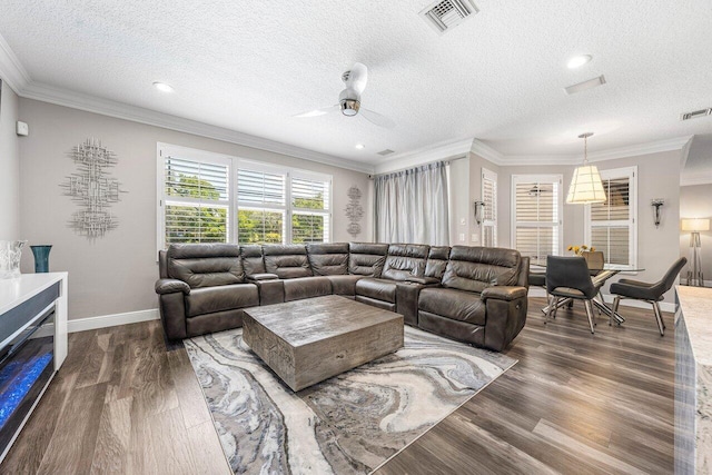 9961 Marsala Way, Delray Beach, FL 33446 - living room with wood finished floors, ceiling fan, ornamental molding, a textured ceiling, and baseboards