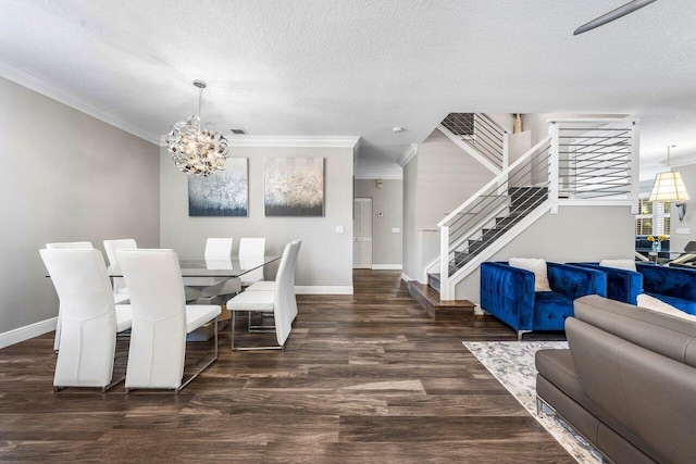 9961 Marsala Way, Delray Beach, FL 33446 - dining space with stairway, ornamental molding, a chandelier, baseboards, and a textured ceiling