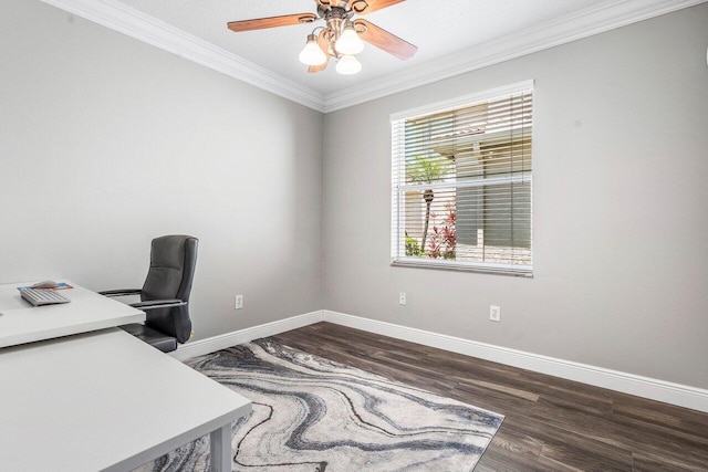 9961 Marsala Way, Delray Beach, FL 33446 - office with ornamental molding, dark wood-type flooring, ceiling fan, and baseboards