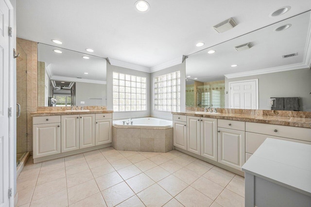 9961 Marsala Way, Delray Beach, FL 33446 - bathroom featuring crown molding, a stall shower, two vanities, a garden tub, and recessed lighting