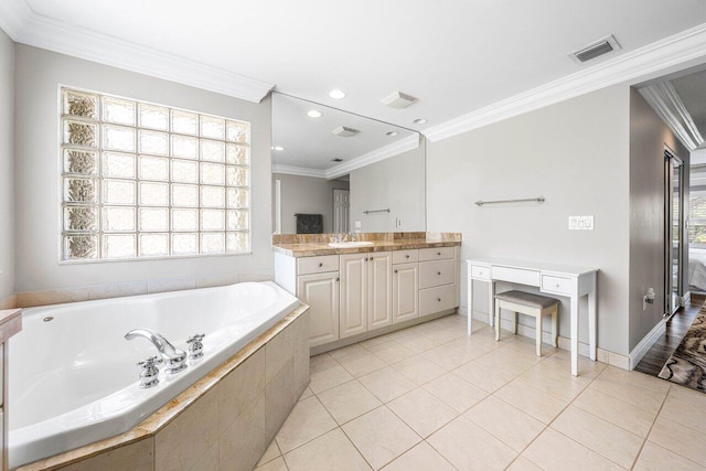 9961 Marsala Way, Delray Beach, FL 33446 - bathroom with a garden tub, vanity, tile patterned floors, crown molding, and recessed lighting