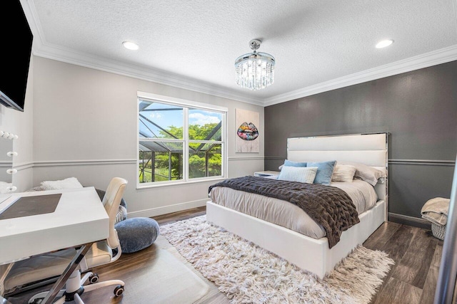 9961 Marsala Way, Delray Beach, FL 33446 - bedroom with dark wood-style flooring, crown molding, a chandelier, and a textured ceiling