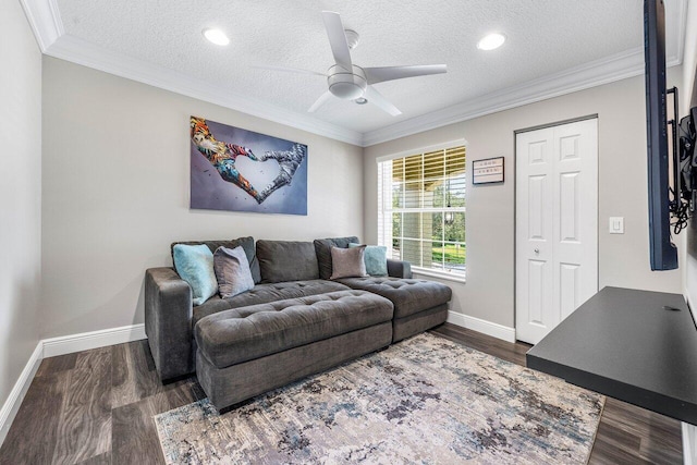 9961 Marsala Way, Delray Beach, FL 33446 - living room featuring a textured ceiling, dark wood-style floors, crown molding, ceiling fan, and baseboards