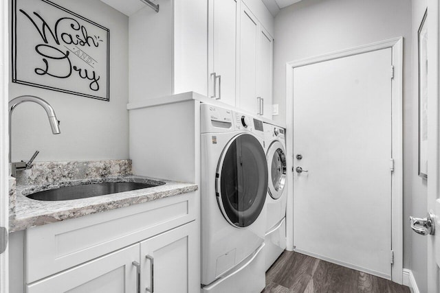 9961 Marsala Way, Delray Beach, FL 33446 - laundry area featuring cabinet space, washer and dryer, and dark wood-style floors