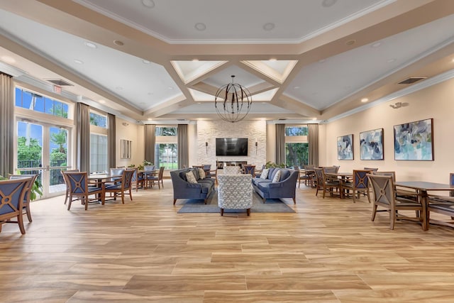 9961 Marsala Way, Delray Beach, FL 33446 - living area with high vaulted ceiling, crown molding, and light wood-style flooring