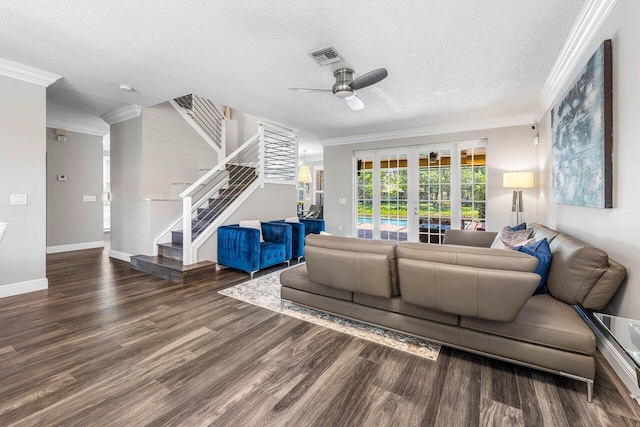 9961 Marsala Way, Delray Beach, FL 33446 - living area featuring crown molding, a ceiling fan, stairs, wood finished floors, and a textured ceiling