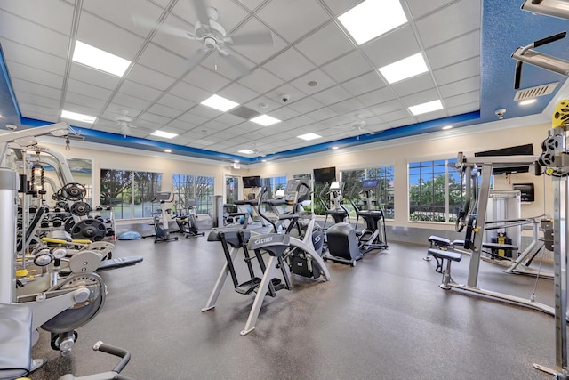 9961 Marsala Way, Delray Beach, FL 33446 - exercise room featuring a paneled ceiling, a ceiling fan, and plenty of natural light