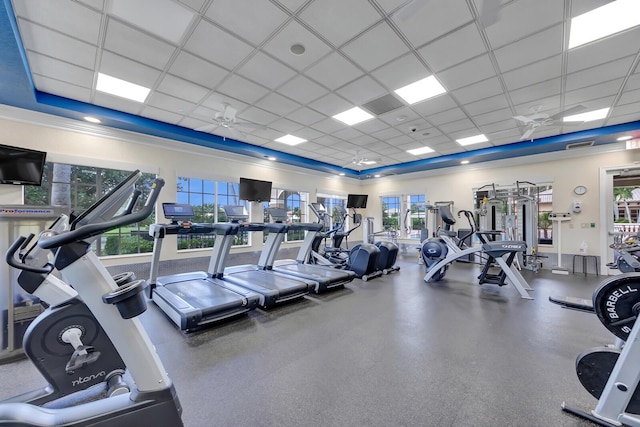 9961 Marsala Way, Delray Beach, FL 33446 - workout area featuring a paneled ceiling, ceiling fan, and ornamental molding